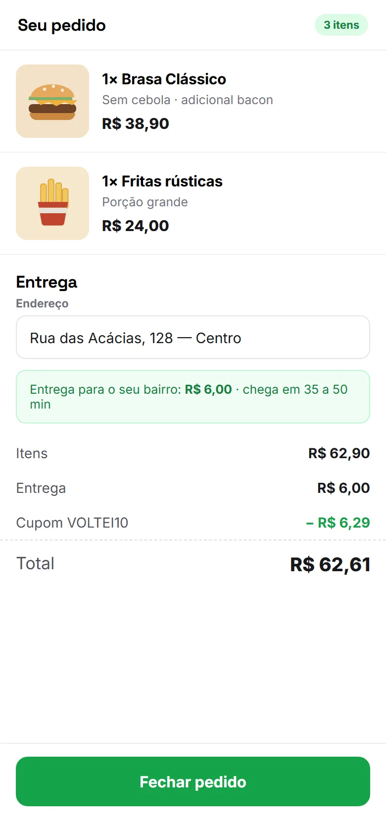 Carrinho do pedido com entrega calculada e cupom aplicado