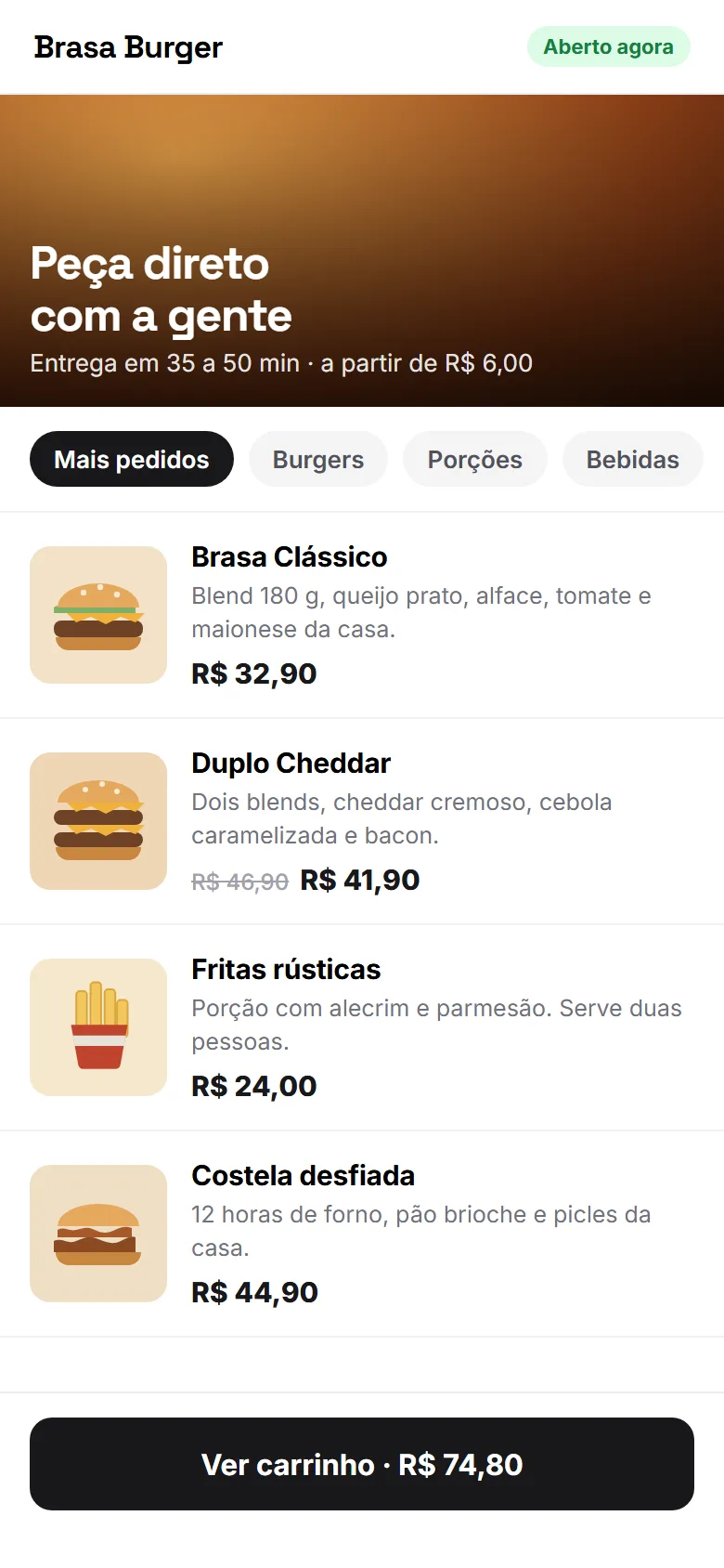 Site de restaurante no celular