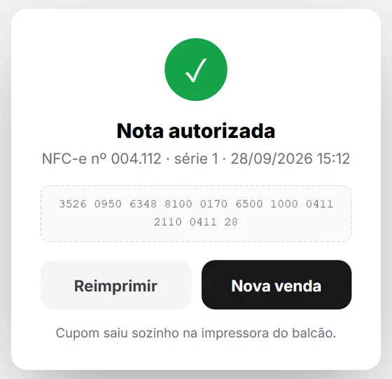 Confirmação de nota fiscal autorizada, com a chave de acesso