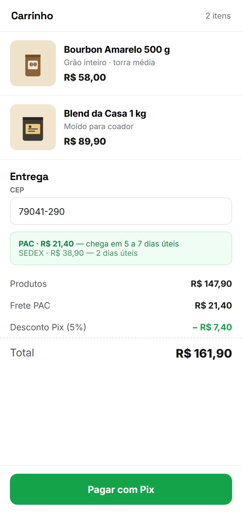 Carrinho com frete e desconto