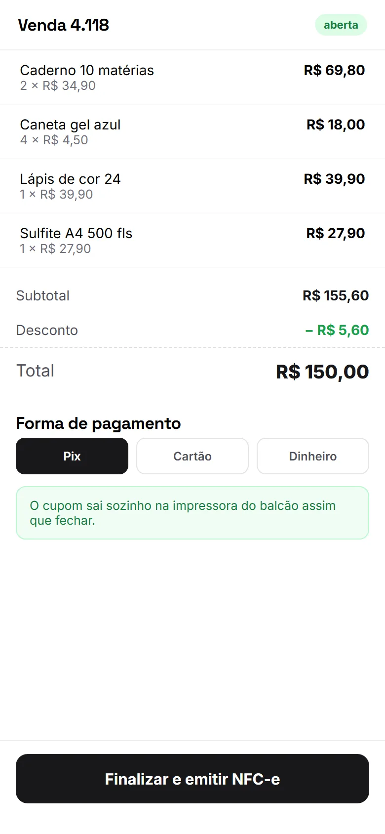 Venda aberta no celular, com itens, total e forma de pagamento
