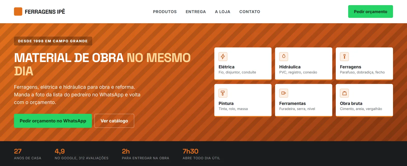 Site institucional aberto no computador, com a promessa, o botão de WhatsApp e os números da empresa